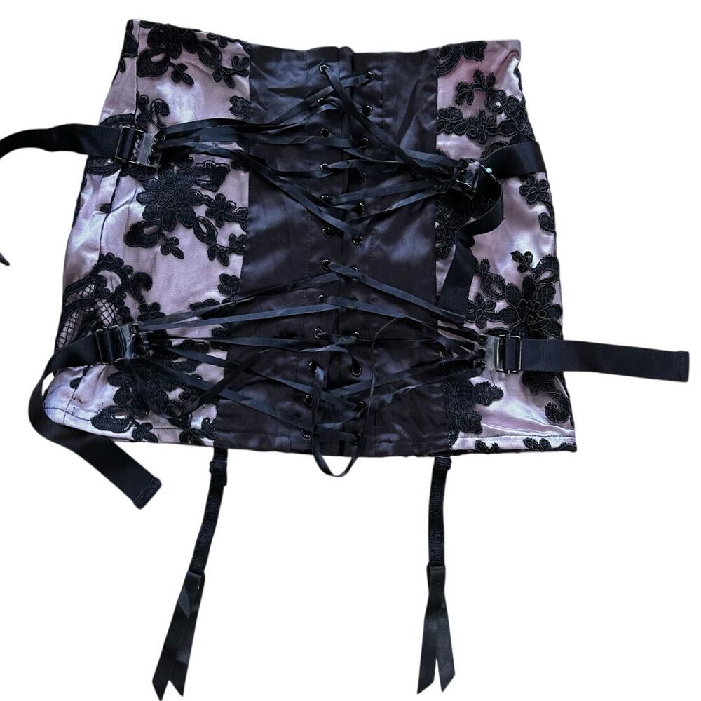 Unholy Dolls Kill Pink Black Lace Corset Lace Up Lingerie Mini Skirt Whimsygoth